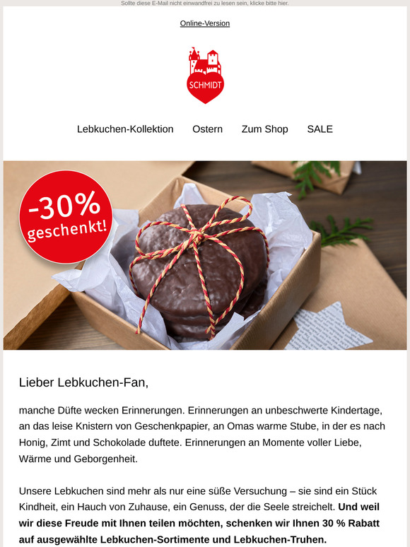 ❤️ 30 % Rabatt auf Lebkuchen-Sortimente & Truhen - ein süßer Moment voller Genuss!