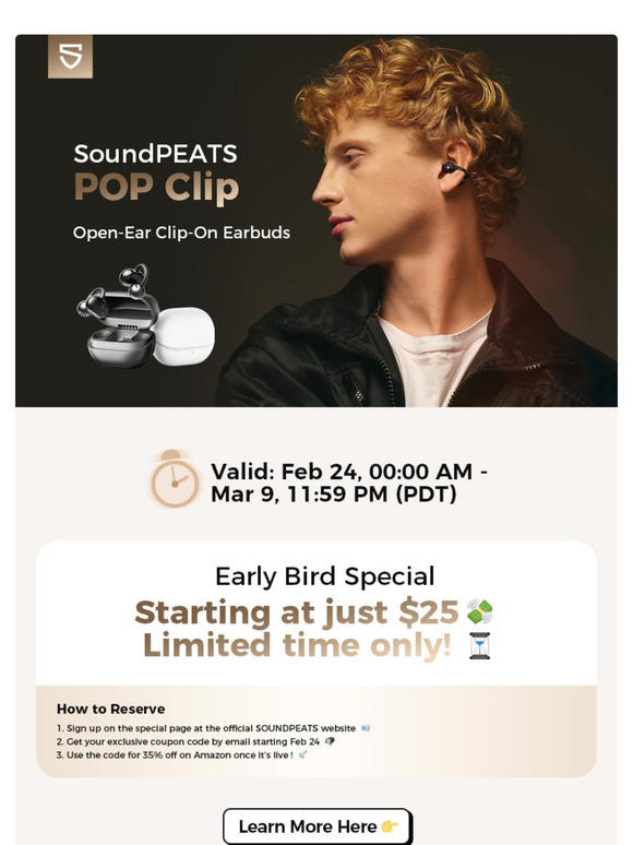 What’s new? A limited-time 35% off on ultra-comfortable SoundPEATS POP Clip Open-Ear Earbuds