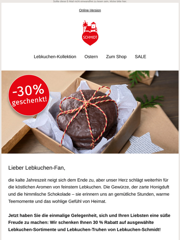 Ein Stück Geborgenheit – mit 30 % Rabatt auf unsere Lebkuchen-Truhen & -Sortimente!