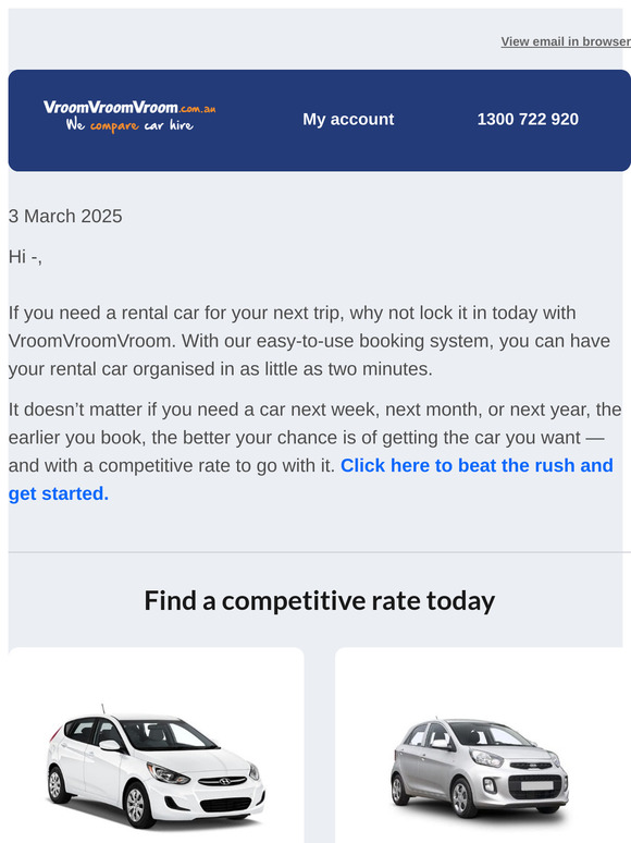 Rent a hire car today with VroomVroomVroom!