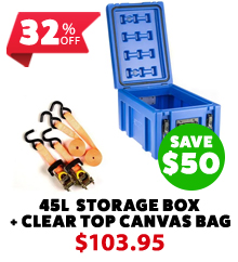 45L Tough Front Opening Storage Box + Hercules Heavy Duty 3m Ratchet Strap (2 pack)