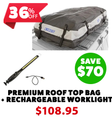 Premium Waterproof Roof Top Bag - Heavy Duty PVC + Rechargeable Lithium LED Worklight