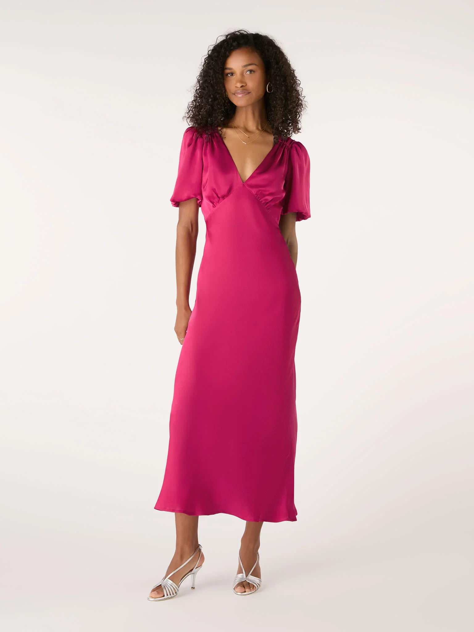 Image of Rosie Ruched Puff Sleeve Dress in Magenta
