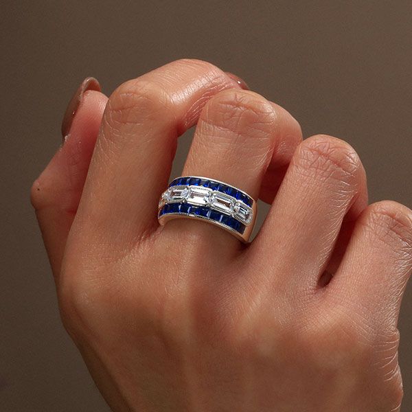 Three Row Milgrain Baguette Cut Wedding Band