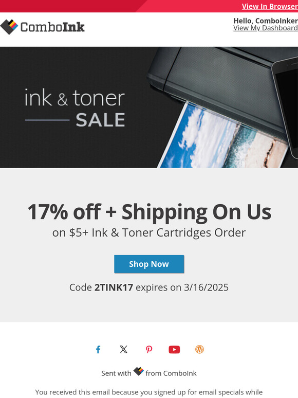 Your  ink order with 17% off is ready now.