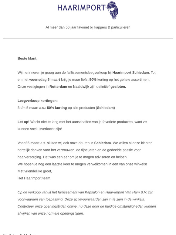 Faillissementsleegverkoop bij Haarimport Schiedam – Vanaf 50% Korting!
