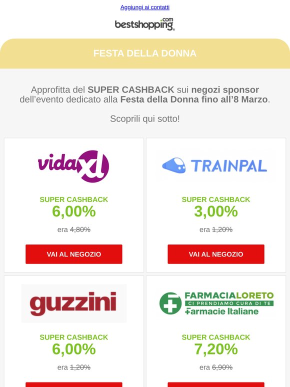 Festa della Donna - Fino all’8/3 ricevi il Super Cashback sui negozi sponsor dell'evento