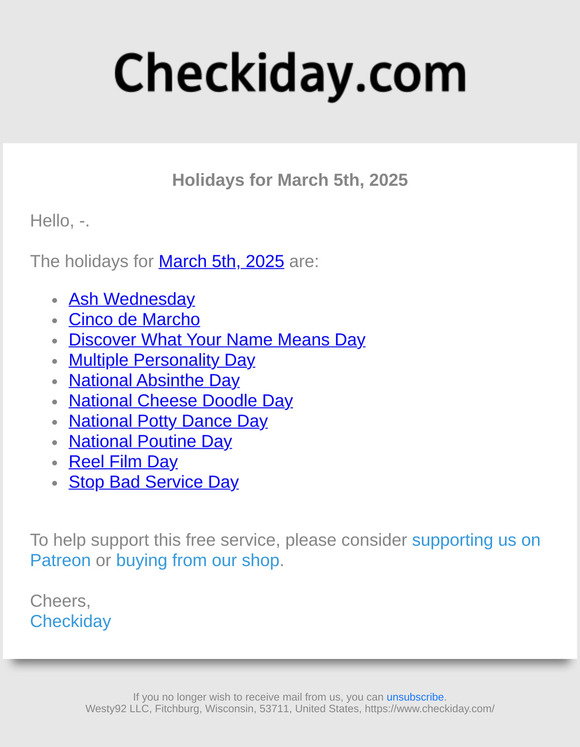 Checkiday: Holidays for March 5th, 2025! 📅🎉 | Milled