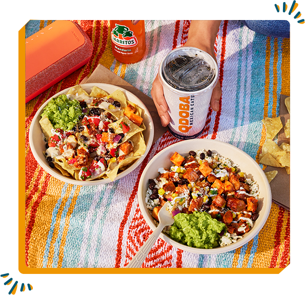 QDOBA burrito bowls and a drink
