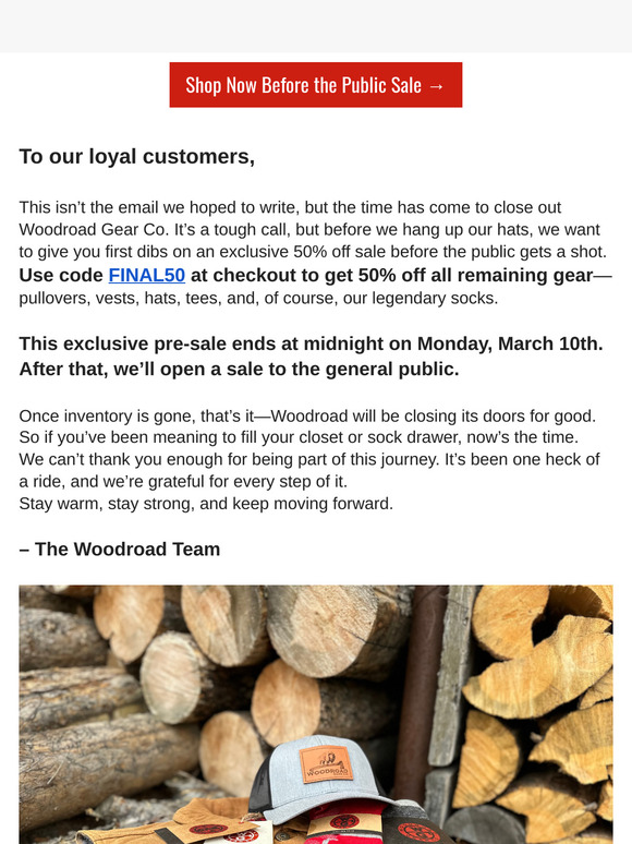 Last Call: 50% Off All Woodroad Gear