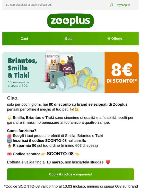 8€ di sconto su brand selezionati Zooplus! 🛍️