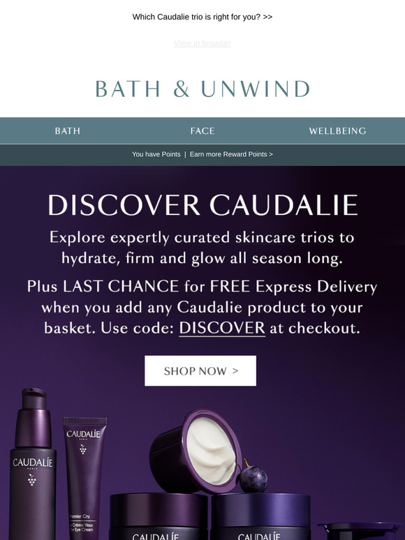 Last Chance for Free Express Delivery with your Caudalie order!