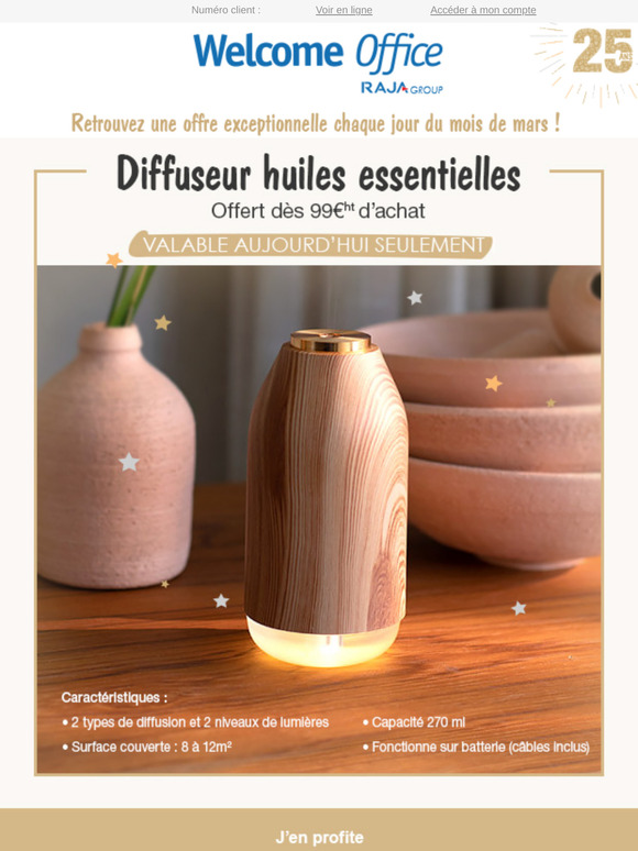 Diffuseur d'huiles essentielles OFFERT dès 99€HT !