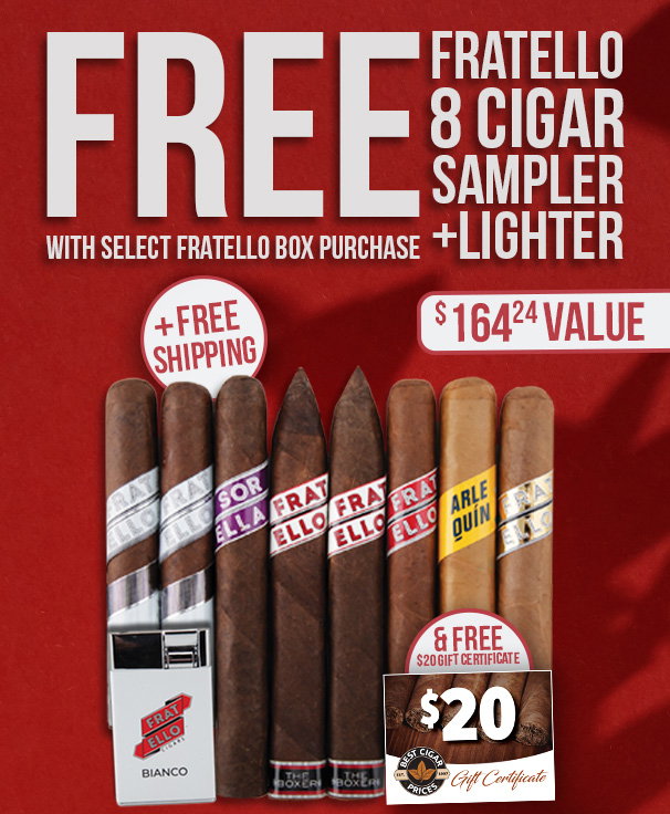 Free 8 Cigar Sampler, Lighter, $20 Gift Certificate, & Free Shipping with Select Fratello Boxes!
