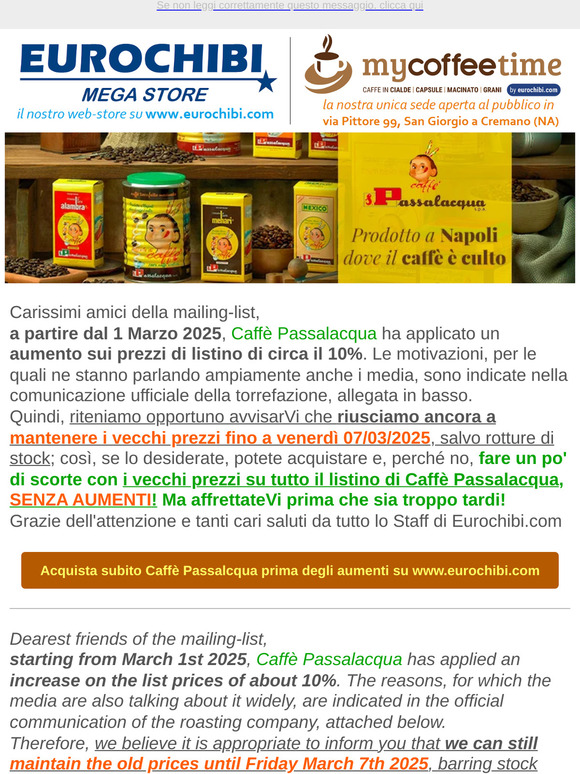 ☕ Ultime 48 ore per acquistare Caffè Passalacqua prima degli aumenti dei prezzi! 💰🚚⭐