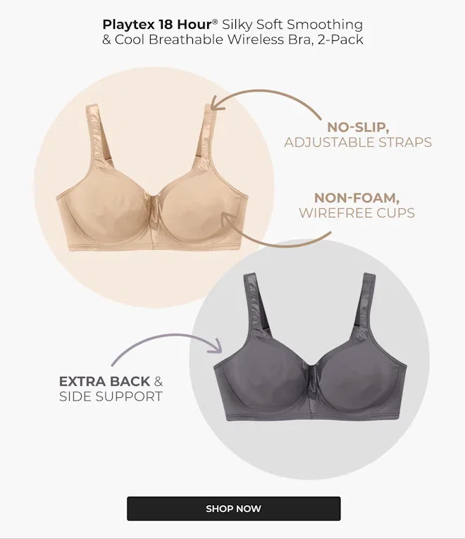 Playtex 18 Hour Silky Soft Smoothing Cool & Breathable Wireless Bra, 2-Pack