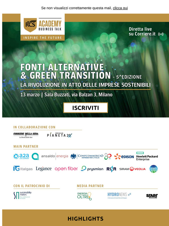 Business Talk Fonti Alternative & Green Transition 5^Ed. -  in collaborazione con il Corriere della Sera. Iscriviti gratuitamente.