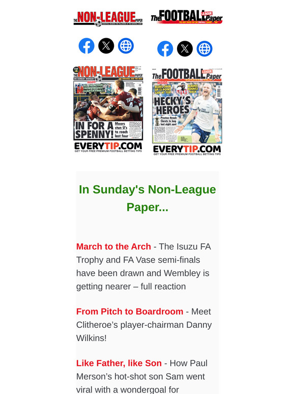 IN SUNDAY'S PAPERS > NLP: How Paul Merson's hot-shot son Sam went viral with a wondergoal for Hanworth Villa / Full reaction from the Isuzu FA Trophy & FA Vase semi-finals draw // FLP: Chris Dunlavy - There's no need to throw the book at Liam Roberts / Portsmouth's Marlon Pack on Sunday's visit of Leeds / Player & Manager of the month awards revealed