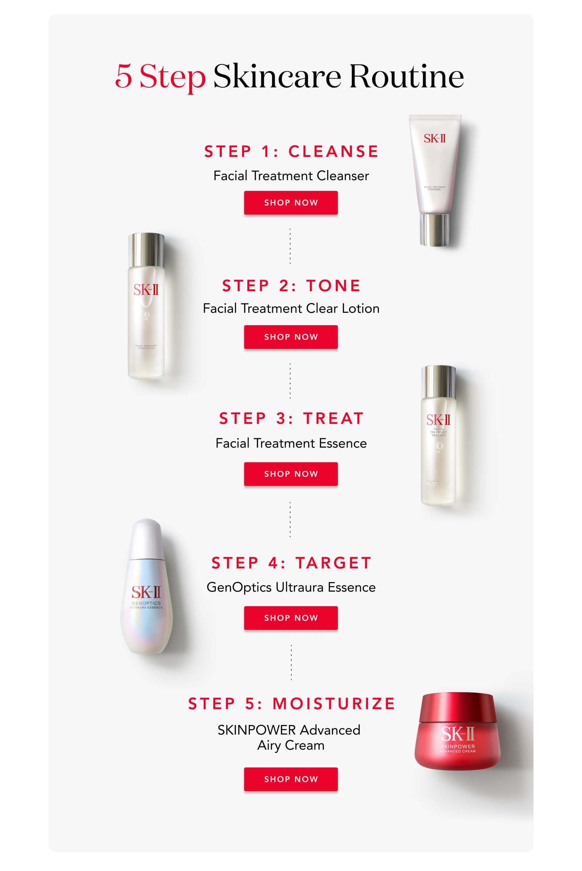 5 Step Skincare Routine: 1. Cleanse - Facial Treatment Cleanser 2. Tone - Facial Treatment Clear Lotion 3. Treat - Facial Treatment Essence 4. Target - GenOptics Ultraura Essence 5. Moisturize - SKINPOWER Advanced Airy Cream - Shop Now!