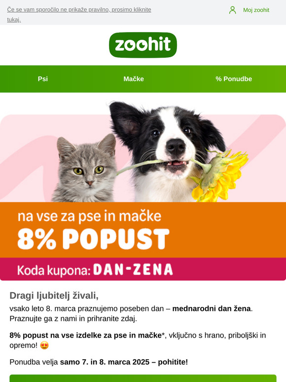 8% popust na vse za pse in mačke – naše darilo za dan žena! 🎁