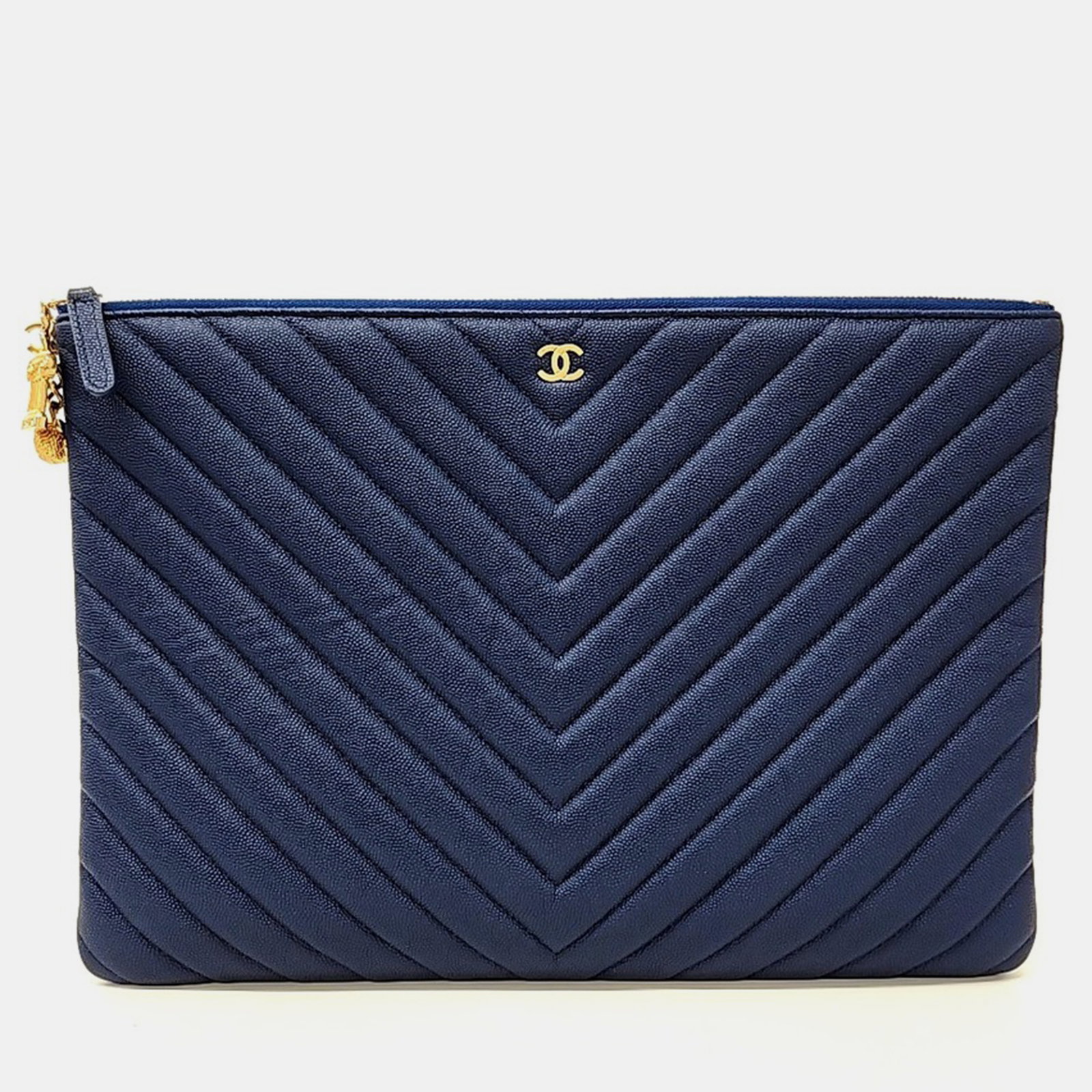 Navy Blue Leather Chevron Charm Large Clutch