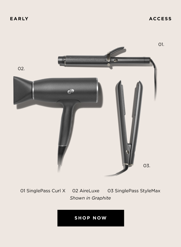 A flat iron, curling wand, and hair dryer arranged on a beige surface with labels 01. SinglePass Curl X 02. AireLuxe 03. SInglePass Style Max. All shown in Graphite. Includes button "Shop Now"