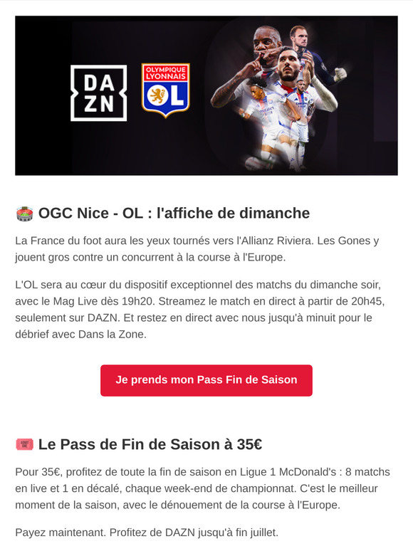 La meilleure offre pour suivre l'OL jusqu'au bout sur DAZN : 35€ ou 10€/mois