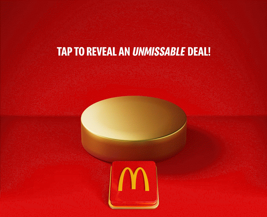 A McDonald's burger and box of fries drop onto a gold plinth on a red background. Big white text reads £2.99 CLASSIC BURGER AND MEDIUM FRIES