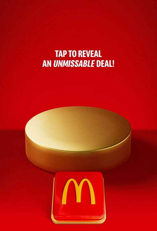 An empty gold plinth sits on a red background with a big red button beneath it. Text reads TAP TO REVEAL AN UNMISSABLE DEAL
