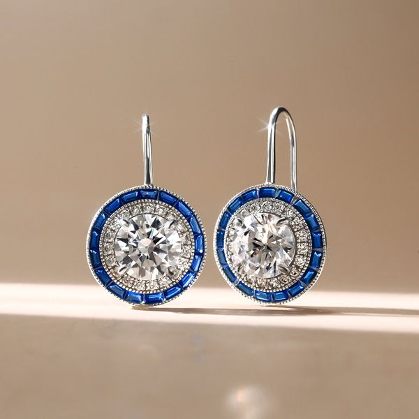 Luxury Halo Created White & Blue Sapphire Drop Earrings
