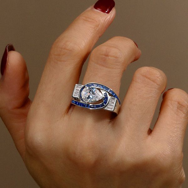 Italo Art Deco Pear Shaped Blue Sapphire Engagement Ring For Women