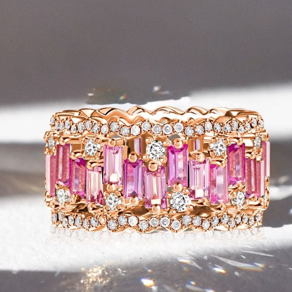 Italo Rose Gold Baguette Cut Pink Wedding Band