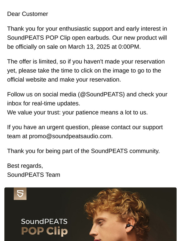 Unlock a secret deal on new, super-comfortable SoundPEATS POP Clip Open-Ear Earbuds – 35% off for a limited time