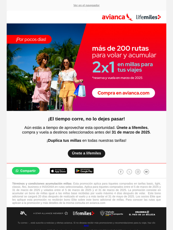 ¡El tiempo corre! ⏰ No dejes pasar tu 2x1 en millas