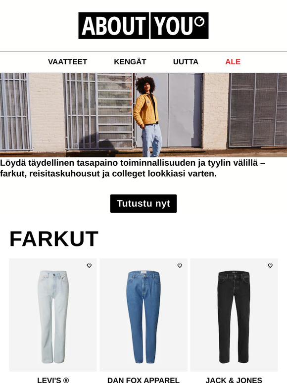 Farkut, reisitaskuhousut ja colleget jokaiseen päivään