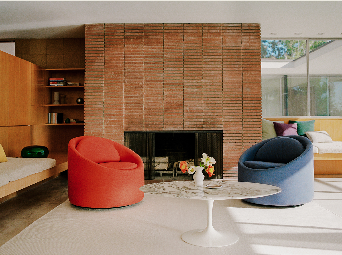 The Gere Easy Chair, pictured in Persimmon and Denim