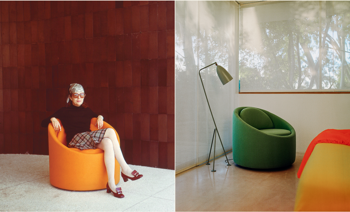 Pictured: Gere in the original sonotube prototype (L). The Gere Easy Chair in Kiwi (R).