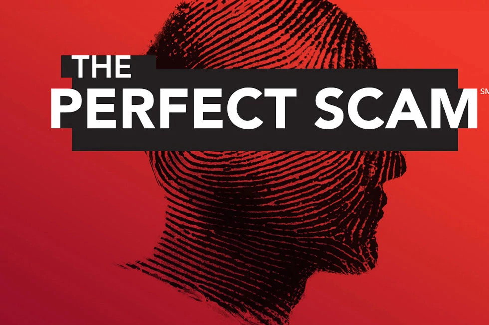 red background, fingerprint made into a human head, the perfect scam in white lettering on black background