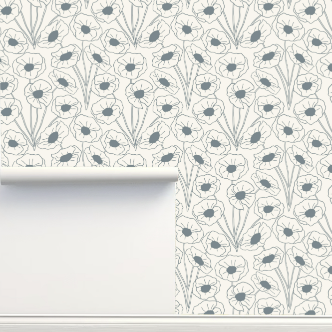 Poppies Slate Gray on Cream by Hummbird Creative