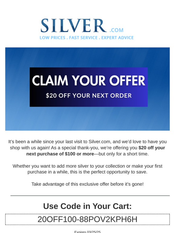 Here’s $20 to Put Toward Your Next Silver.com Order