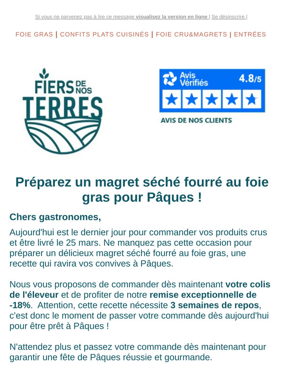 Ne manquez pas notre offre spéciale pour un magret séché au foie gras à Pâques !