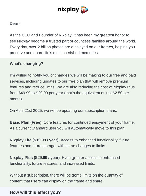⚠️ Please read: important changes to your Nixplay services