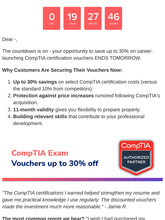 Final Alert: CompTIA Voucher Discount Ends 24hrs