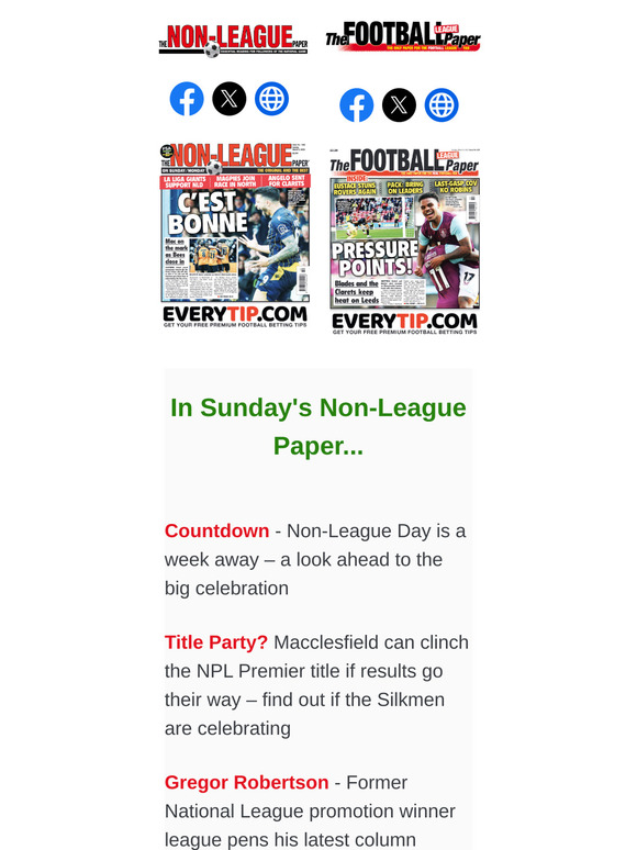 IN SUNDAY'S PAPERS > NLP: Looking ahead to Non-League day / Macclesfield can clinch the NPL Premier title if results go their way // FLP: Previewing Sunday's Steel City showdown between Sheffield Wednesday and Sheffield United / Ryan Lowe returns to the dugout with Wigan Athletic
