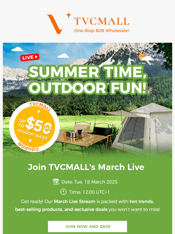 March Live Alert: Camping Gear & $50 Off – Join Now!