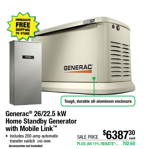 Generac® 26/22.5 kW  Home Standby Generator  with Mobile Link™ - Free Shipping To Store!