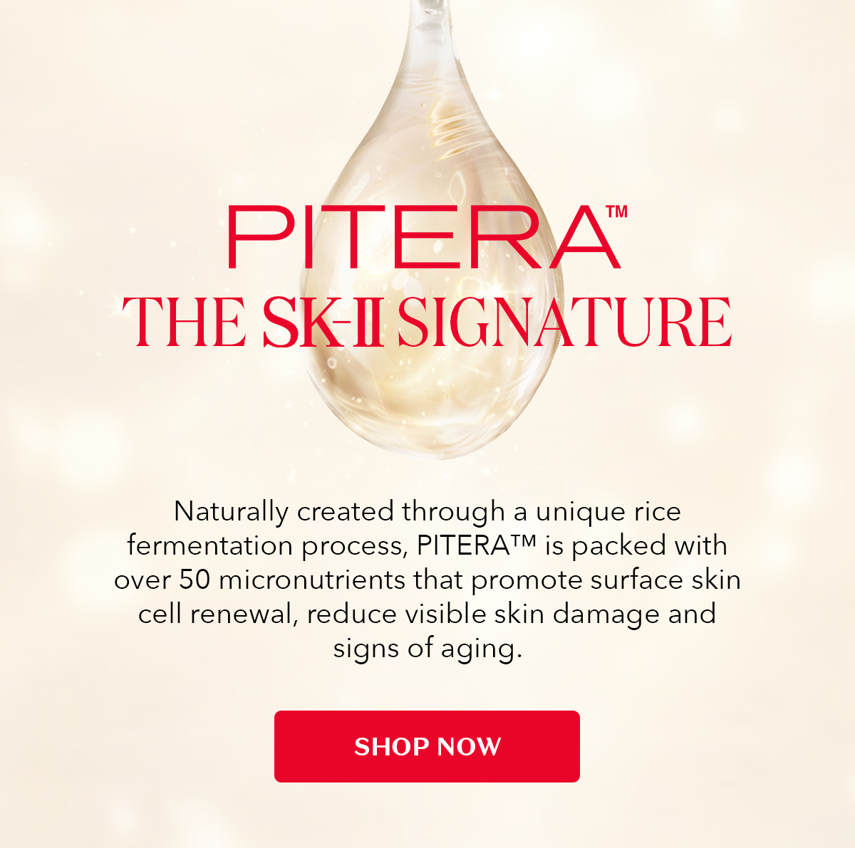 PITERA™️: The SK-II Signature - Naturally created through a unique rice fermentation process, PITERATM is packed with over 50 micronutrients that promote surface skin cell renewal, reduce visible skin damage and signs of aging.