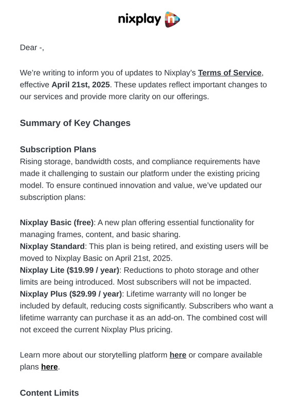 Changes to Nixplay’s Terms of Service