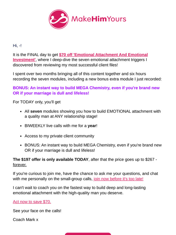 LAST Chance For Emotional Attachment! Early-Bird Ends TONIGHT!