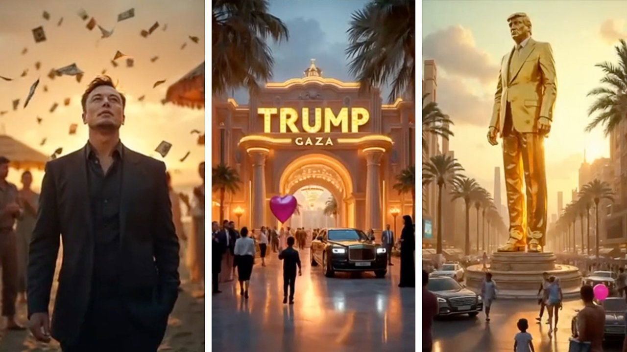 A triptych of screenshots from Donald Trump's AI video on Trump Gaza.